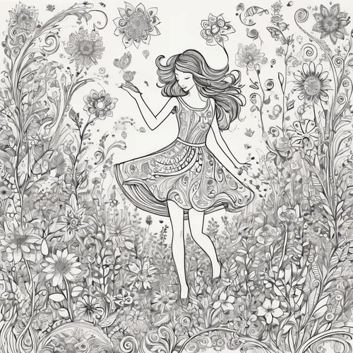 Create a joyous scene of dancing flowers in a magical garden.,girl in flowers,meadow daisy,girl picking flowers,girl in the garden,garden fairy,summer meadow,falling flowers,wild meadow,picking flower