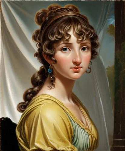 young woman with aqua green dress from the Roman era, tunic type, blond hair, skater from the early nineteenth century, blue eyes, sweet look and dreamy air, pinkish background,vouet,winterhalter,port