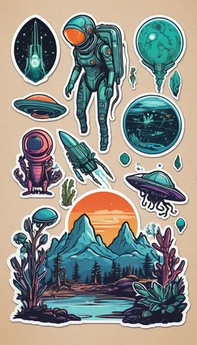 ufos,sci fiction illustration,alien world,ufo,alien planet,futuristic landscape,scifi,digital nomads,mushroom landscape,game illustration,exploration,travelers,explorer,game art,sci fi,mushroom island,sci-fi,sci - fi,set of icons,elements,Unique,Design,Sticker