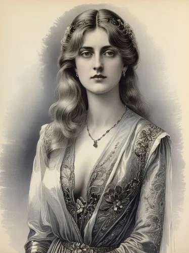 Black and white steel engraving, 1900: MARY (née von Teck), then Princess of Wales,an old fashion portrait of a woman with long hair,vintage female portrait,ethel barrymore - female,aslaug,perugini,ma