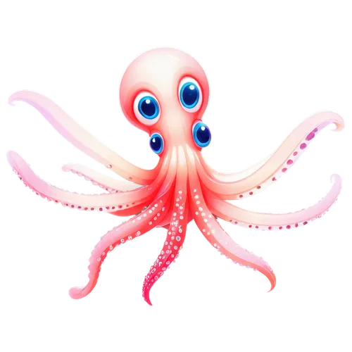 Pixelated squid, cartoon style, vibrant colors, glowing blue eyes, eight arms, suckers on arms, soft rounded body, translucent skin, shiny surface, aquatic environment inspired, floating in mid-air, p