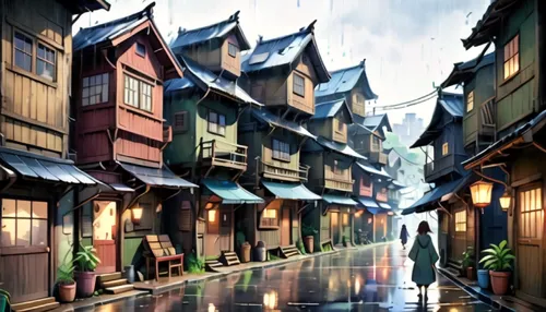 korean village snow,wooden houses,medieval street,world digital painting,korean folk village,winter village,tsukemono,bukchon,fantasy city,medieval town,knight village,fantasy picture,aurora village,m