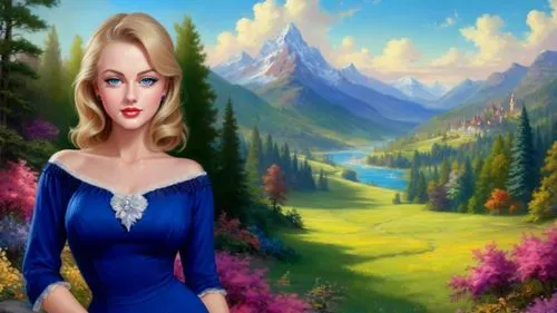 Romantic masterpiece oil painting, beautiful slim busty woman portrait, nostalgic 1950's style kitsch, standing in front of a breathtaking beautiful epic vast landscape, majestic vibrant lush wilderne