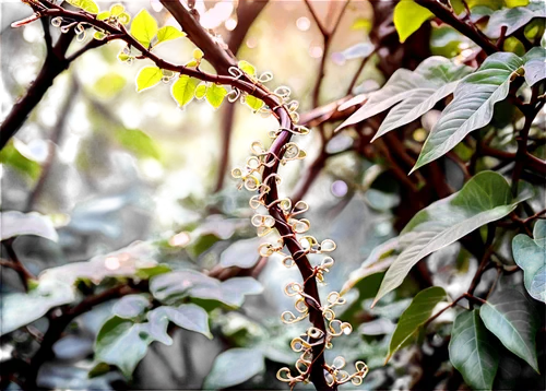 Twisted vine, entwined branches, dense foliage, curly leaves, woody stems, morning dew, soft sunlight filtering through leaves, 3/4 composition, shallow depth of field, warm color tone, cinematic ligh