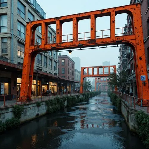 Rustic steel bridges, industrial constructivism structures, bold primary colors, vibrant orange accents, deep blue undertones, weathered metal textures, rough concrete surfaces, geometric shapes, angu