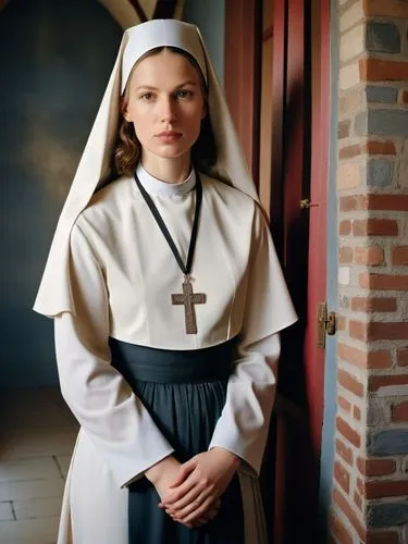 Hildegard, the day before her consecration as a nun in the idyllic monastery of Bingen, with a thoughtful look on her face as she prepares for the next step on her spiritual path.,a  wearing nun cloth