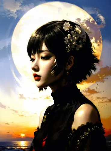 a woman standing in front of a full moon,xiaoyu,eiko,shimei,geisha girl,tsuneo,kanako,Illustration,Realistic Fantasy,Realistic Fantasy 08