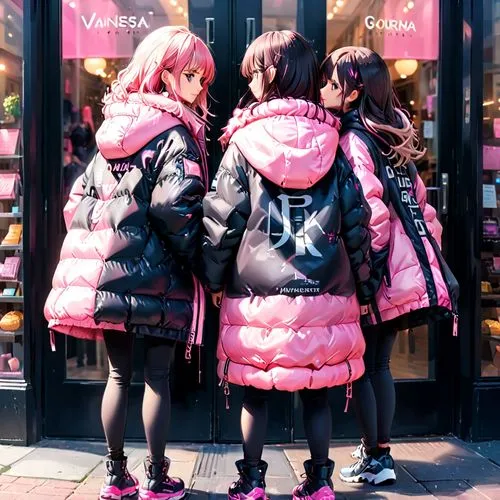 two girls named Vanessa and Sara have their names on the back of their big black and pink puffy coats written very big,three young ladies standing by the side of a store front window,harajuku,walkure,