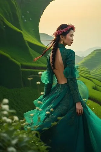 an elegant asian lady, wearing a dark cherry backless flowy dress, the background of beautiful deep emerald terraced fields,woman in a teal long - sleeved dress with flowers on her head,celtic woman,f