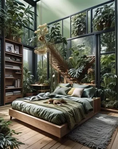 canopy bed,tropical greens,green living,sleeping room,tropical jungle,bedroom,modern room,houseplant,house plants,tropical house,loft,great room,jungle,indoor,bamboo plants,bedroom window,interior design,exotic plants,green plants,room divider