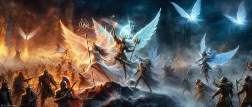 The queen of faeries and the King of Angels along with their vast etheral luminous legions of powerful faery warriors  and angels with luminous faery wings and angel wings advance and rush to the figh