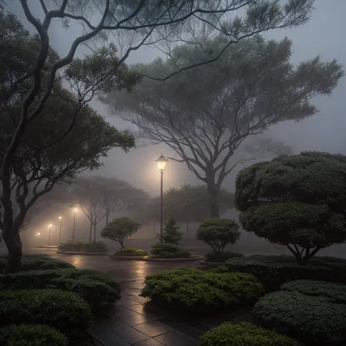 a foggy, rainy morning on a cobblestone driveway in the park,foggy landscape,ground fog,dense fog,fog,early fog,morning fog,foggy,fog banks,the fog,mists,foggy day,foggy forest,high fog,wave of fog,au