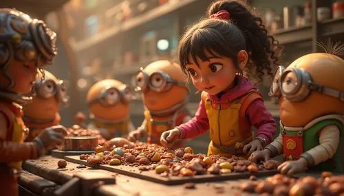 A group of diminutive, industrious Oompa Loompas and Minions in vibrant, colorful attire, expertly crafting an assortment of chocolates and intricate sweets, in a futuristic, sci-fi inspired high-tech