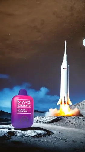 Create an image featuring a product placed on a rock on the moon. In the background, include a rocket about to take off. The scene should depict the vast, barren lunar landscape with the Earth visible