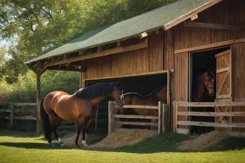 Modern stable, wooden structure, rustic texture, warm lighting, serene atmosphere, horse stalls, hay bales, saddles, bridles, elegant horse, majestic posture, shiny coat, flowing mane, peaceful facial