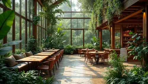 Vibrant botanical garden, lush green walls, natural stone flooring, wooden accents, floor-to-ceiling windows, panoramic views, seamless indoor-outdoor transition, rustic-chic decor, reclaimed wood tab