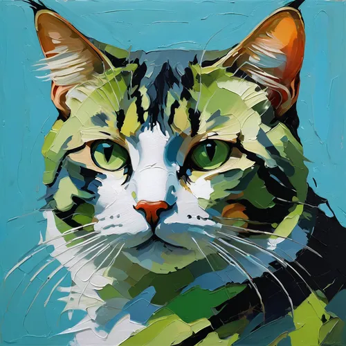 an abstract portrait of a soft attractive Cat, oil painting on raw linen canvas, gestural alla prima style, in the style of paul hedley, light blue and green, close up, flat figuration, detailed portr