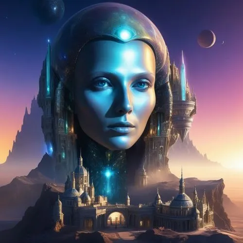 a surreal image of a woman in a futuristic space station with buildings and planets in the background,cyberia,dreamfall,inanna,afrofuturism,liara,leota,Conceptual Art,Fantasy,Fantasy 22