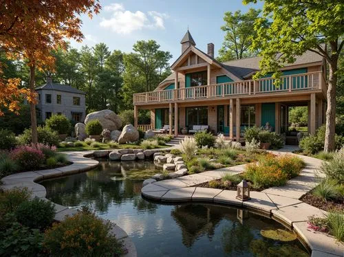 garden pond,summer cottage,landscaped,landscaping,beautiful home,home landscape,cottage garden,3d rendering,nature garden,country estate,climbing garden,dreamhouse,water mill,landscape designers sydney,country cottage,landscape design sydney,stone garden,neverland,luxury home,landscapers