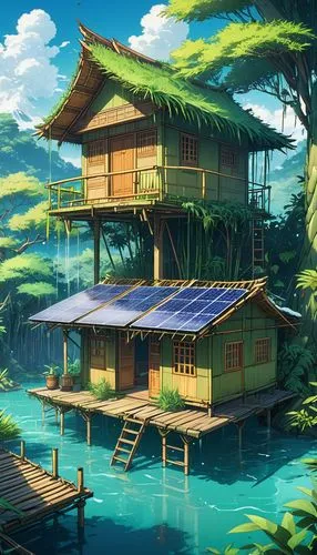 An abandoned house in a place with lots of snow, vegetation and wild animals.,a house with many floors next to water,floating huts,aqua studio,house with lake,houseboat,house by the water,houseboats,I