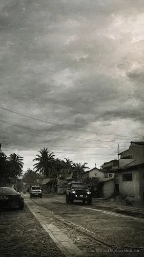 black and white,several cars are on the street under a dark cloudy sky,fordlandia,paramaribo,pontianak,monrovia,chaguanas,leogane,Illustration,Paper based,Paper Based 04