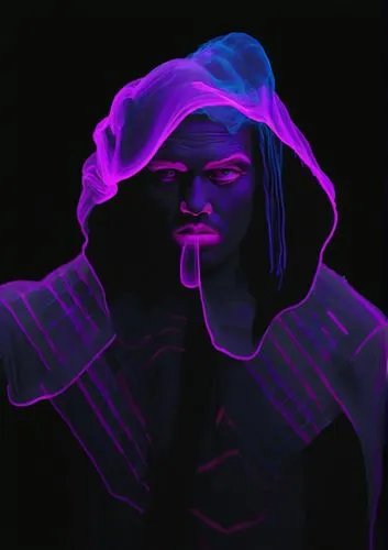 A masculine, male, decrepit god of darkness and evil in pitch black. A black, smoke-like gown with medieval armor, and with swirling energies of neon green, neon purple, neon blue, neon pink, and neon