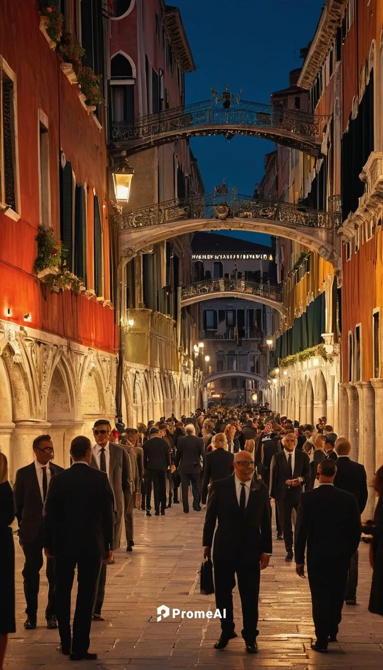 Venice Biennale opening, evening scene, grand canal, Rialto bridge, ornate masks, elegant ladies, suits and ties, champagne glasses, red carpet, camera flashes, artistic installations, modern sculptur