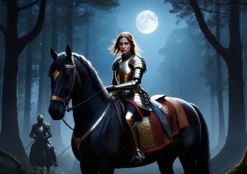 female knight with full old plate armour decorated by gold and red element pattern , blue eyes , Spreading her brown hair and  , on the mysterious black horse , be in the dark forest , full of high an