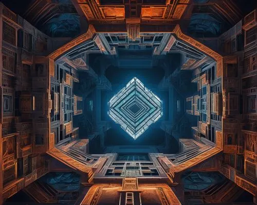 Fractal geometry, futuristic building, intricate details, repeating patterns, self-similar structures, M.C. Escher-inspired, impossible geometry, staircases, arches, columns, ornate decorations, Islam