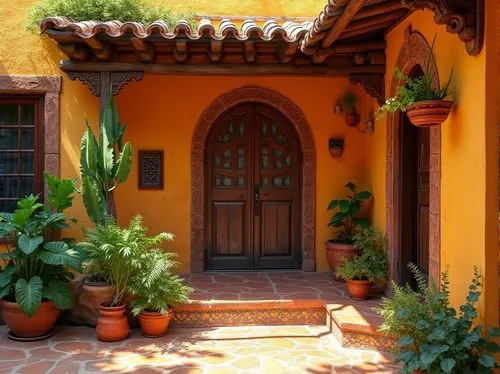 Vibrant traditional Mexican architecture, rustic Chukum wood accents, natural earthy tones, intricate Mayan-inspired patterns, woven textiles, colorful ceramic tiles, ornate wooden carvings, lush gree