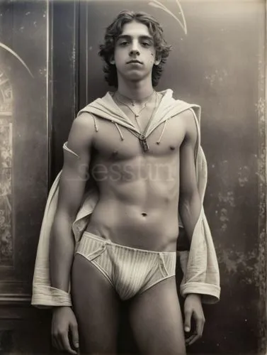 An 18-y-o boy in a Parisian nightclub. Let the motif appear like a pioneering photograph, as if it had been photographed by Félix Tournachon (Nadar) as a long exposure.,a young man is posing shirtless