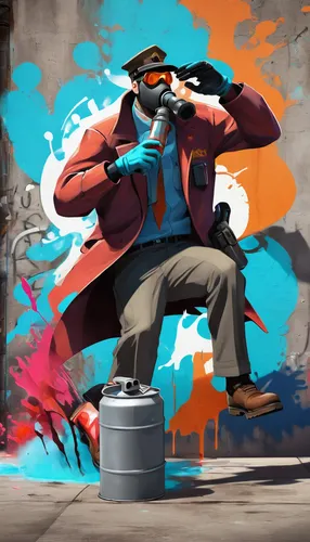 Team Fortress 2 character, using spray can, action pose, vibrant colors, graffiti art, urban environment, concrete wall, dynamic lighting, mid-action shot, detailed texture, street style clothing, mul