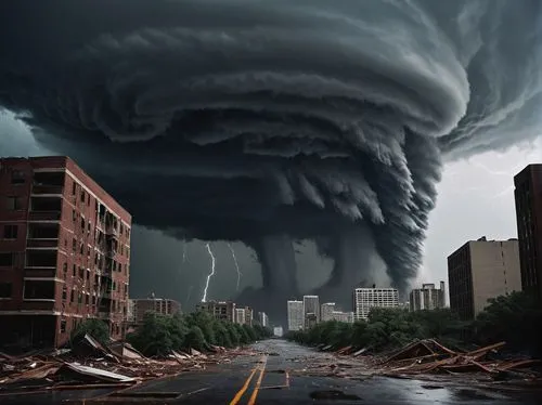 F7 tornado, dark grey cloud, strong wind, lightning flashing, rain pouring down, debris flying everywhere, destruction in its wake, cityscape, skyscrapers, buildings crumbling, broken windows, twisted