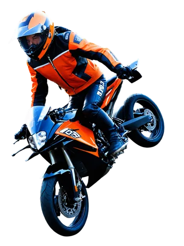 KTM motorcycle, orange body, black wheels, shiny metal, detailed engine, sporty design, rider wearing helmet, leather jacket, gloves, boots, dynamic pose, jumping in air, motion blur, sunny day, brigh