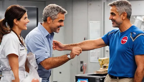 Alfonso Cuarón directing George Clooney and Sandra Bullock on the set of Gravity (2013),medical staff,emergency medicine,healthcare medicine,physiotherapist,health care workers,medical care,hospital s