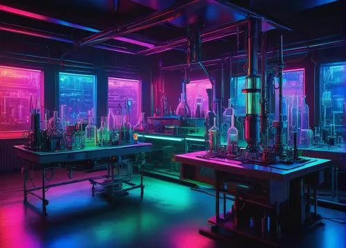 AI style transfer, futuristic laboratory, sci-fi atmosphere, neon lights, holographic screens, robotic arms, metallic tables, test tubes, beakers, experimental equipment, cyberpunk elements, 3/4 compo