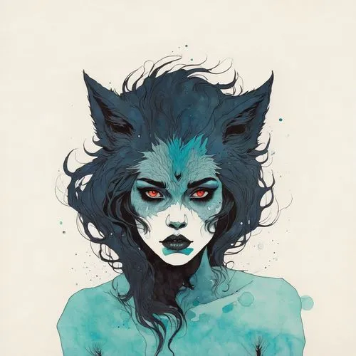 faun,nepeta,wolf,siren,kitsune,feral,werewolf,watercolor blue,wolf's milk,blue enchantress,constellation wolf,mean bluish,werewolves,howling wolf,huntress,digital illustration,howl,feline,holly blue,blue demon,Illustration,Paper based,Paper Based 19