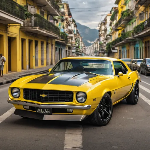 Yellow Camaro car in the city of Rio de Janeiro, Brazil,lamborghini jarama,ford torino,boss 429,muscle car,ford maverick,amc amx,iso grifo,american muscle cars,lamborghini espada,yenko camaro,chevrole