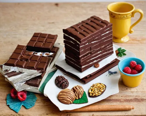 Construct a realistic chocolate model for a delicious food competition.,chocolate layer cake,chocolate wafers,stack cake,block chocolate,chopped chocolate,tim tam,pieces chocolate,chocolate cornflakes