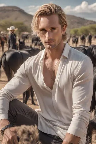 Men on a rich ranch in Jalisco, Mexico. Rich style. Villain vibes, blonde hair, black clothes, handsome,the woman is posing for a picture with a horse,gabrielsson,cody,jace,mikkelsen,neels,gilsig,Phot