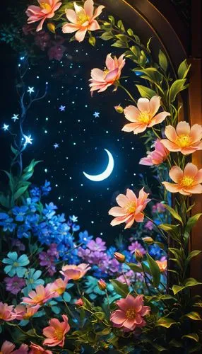 moon and star background,flowers celestial,moonlit night,stars and moon,flower painting,flower background,night stars,colorful stars,ramadan background,moon and foliage,fairy galaxy,moon and star,stargazers,floral background,dreamscapes,fairy lanterns,fireflies,digital background,crescent moon,starry night,Photography,Documentary Photography,Documentary Photography 01