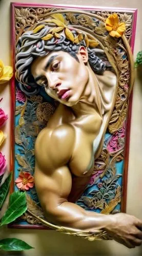 bodypainting,body painting,body art,decorative art,oriental painting,holding a frame,body building,glass painting,wood carving,chinese art,art model,bodypaint,art painting,bodybuilder,art nouveau fram