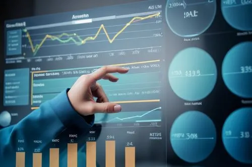 蓝绿色调
,someone pointing at an interactive display with financial data on it,stock exchange broker,data analytics,datametrics,stock exchange figures,stock trading,dashboards