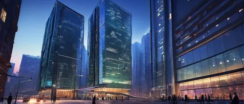 BIM-based computer-aided architectural design, modern skyscraper, glass curtain wall, steel frame structure, complex geometric shapes, futuristic cityscape, evening time, neon lights, bustling streets