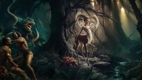 dryad,elven forest,fantasy picture,fairy forest,faerie,faery,fantasy art,faun,enchanted forest,forest animals,woodland animals,fae,druid grove,merfolk,3d fantasy,garden of eden,fairy world,the forest,ballerina in the woods,world digital painting