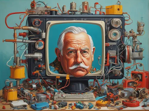 man with a computer,geppetto,audiophile,computer art,old elektrolok,smart album machine,analog television,dali,cable innovator,repairman,scrap collector,clockmaker,sculptor ed elliott,el salvador dali,inventor,projectionist,arduino,watchmaker,pensioner,arnold maersk,Illustration,Realistic Fantasy,Realistic Fantasy 24