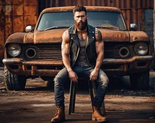 Grungy, muscular man, rugged beard, messy brown hair, intense gaze, worn leather jacket, black tank top, ripped jeans, heavy combat boots, leaning against, old rusty car, abandoned warehouse, industri