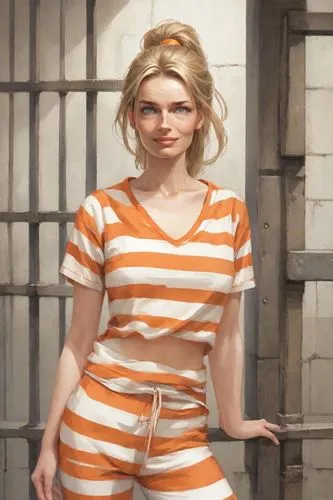 prisoner,horizontal stripes,pantsuit,striped background,prison,librarian,jumpsuit,olallieberry,portrait background,orange,chainlink,female doctor,stripes,blonde woman,pixie-bob,detention,liberty cotton,handcuffed,in custody,striped,Digital Art,Comic