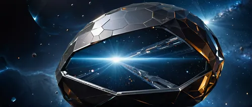 dark background of the galaxy, absence of planets, huge futuristic space flagship, high technology, polygonal elongated shape of a high-tech ellipse built into a high-tech shape of a hexagonal prism, 