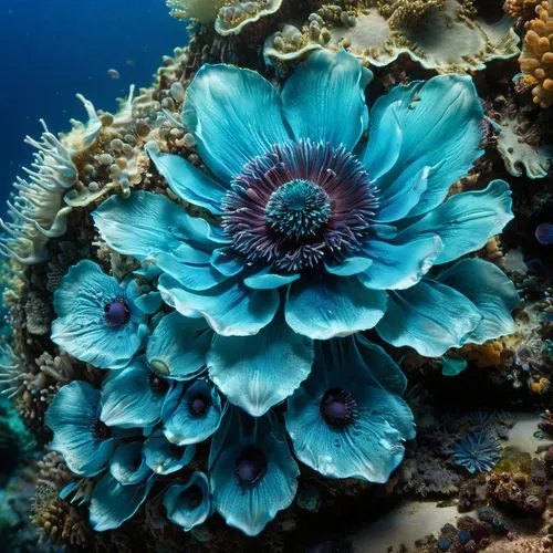 macrophotograph, beautiful bioluminescent blue glow quantum  sea anemones on the reef, natural lighting, light-focused, amateur shot,blue anemone,blue anemones,anemone of the seas,blue chrysanthemum,l